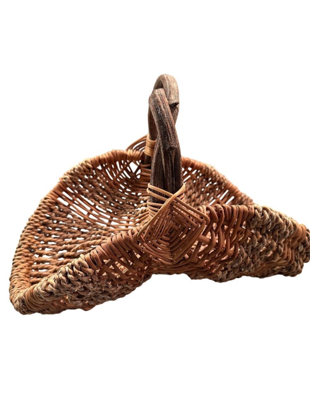 Rustic Woven Gathering Basket Buttocks Braided Wooden Handle Vintage Handwoven